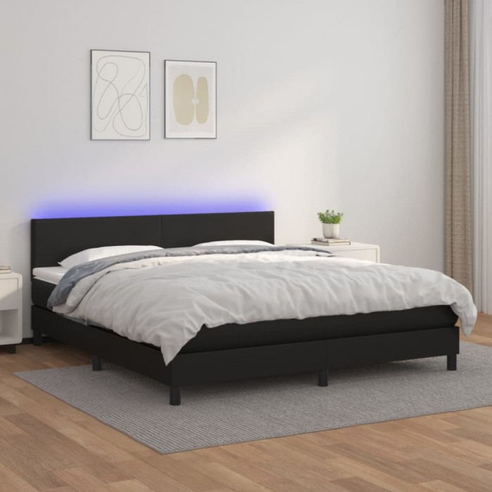 vidaXL Pat cu arcuri, saltea și LED, negru, 160x200cm, piele ecologică 3134111