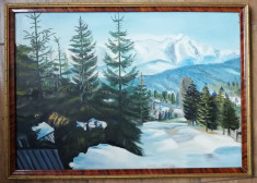 Tablou Peisaj Montan anii 60 pictura ulei inramat 52x72cm foto