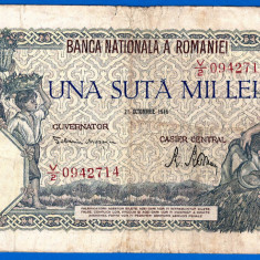 (30) BANCNOTA ROMANIA - 100.000 LEI 1946 (21 OCTOMBRIE 1946), FILIGRAN ORIZONTAL