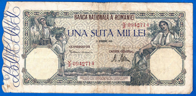 (30) BANCNOTA ROMANIA - 100.000 LEI 1946 (21 OCTOMBRIE 1946), FILIGRAN ORIZONTAL foto