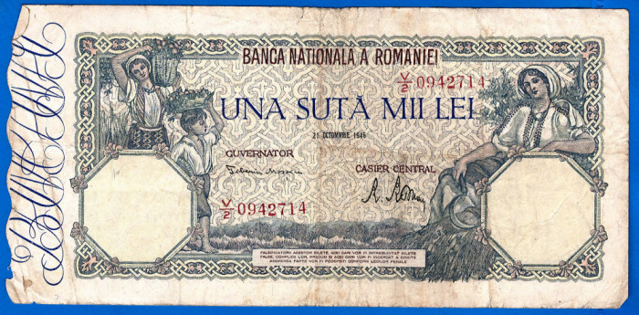 (30) BANCNOTA ROMANIA - 100.000 LEI 1946 (21 OCTOMBRIE 1946), FILIGRAN ORIZONTAL