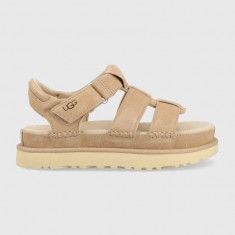 UGG sandale din piele întoarsă Goldenstar Strap femei, culoarea bej, cu platforma, 1137890