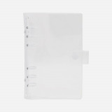 Capac A5 transparent, moale, din PVC, 6 materiale rotunde, negre, cu inele, diametru, 20 mm, &icirc;nchidere cu buton rapid pentru folderul A5 cu frunze lib