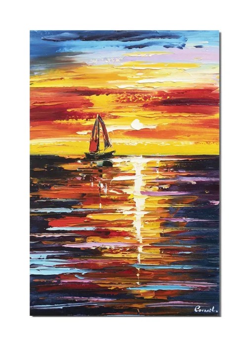 Tablou pictat manual birou, hol, living, dormitor, Velier in bataia vantului, 60x40cm ulei pe panza in cutit efect 3D