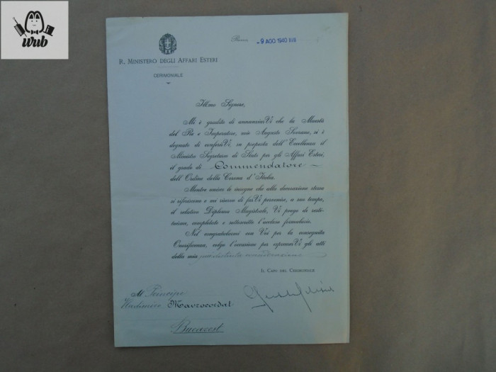 Ordinul Coroana Italiei in grad de comandor - Vladimir Mavrocordat 9 august 1940
