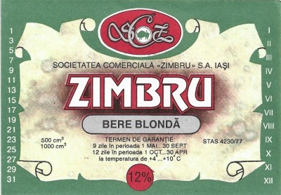 NI457 Etichetă bere blondă Zimbru, Societatea comercială Zimbru SA Iași, &amp;icirc;nceputul anilor 1990 foto