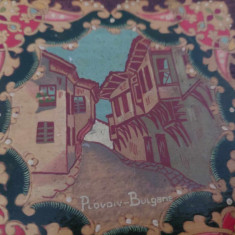 Album foto vechi Plovdiv Bulgaria,album vechi coperta lemn pictata/pirogravata