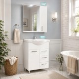 Set mobilier baie cu lavoar ceramic GN1531, front MDF, 55 cm, 2 usi, 2 sertare, picioare cromate reglabile, balamale soft close si oglinda cu dulap GN