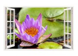 Sticker decorativ, Fereastra 3D, Nufar mov, 85 cm, 327STK, natura si peisaje