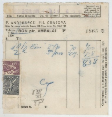 Romania, P. Andreescu Fii, Bon pentru ambalaj, Craiova foto