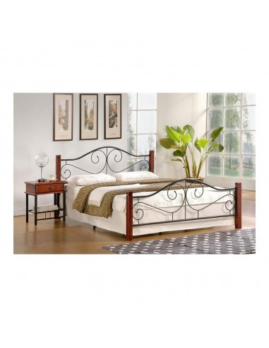 Pat HM Violetta, matrimonial, cadru metalic, lemn masiv, cu tablie cap/picioare, cu somiera, 160x200 negru/cires