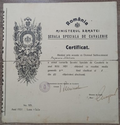 Certificat Scoala Speciala de Cavalerie 1931 foto