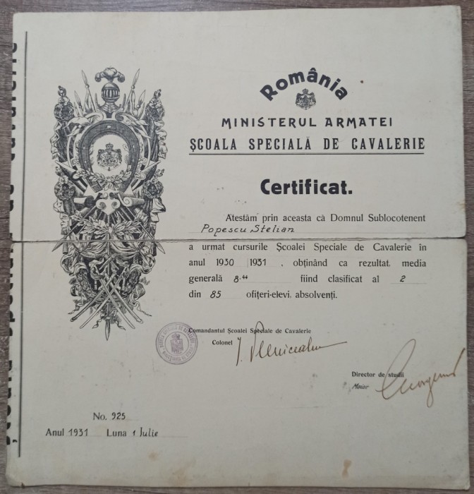 Certificat Scoala Speciala de Cavalerie 1931