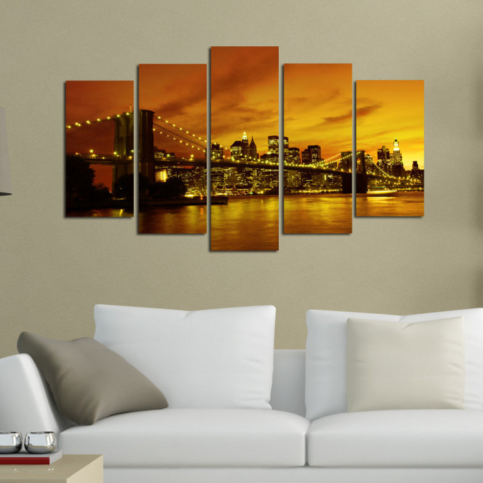 Tablou MDF ( 5 buc ) Brooklyn Bridge, Multicolor, 60x110 cm