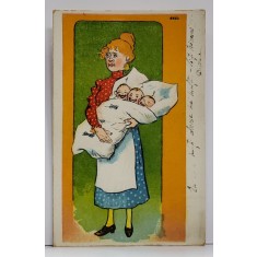 MAMA CU TRIPLETI , DESEN , CARTE POSTALA ILUSTRATA , CROMOLITOGRAFIE , INTERBELICA