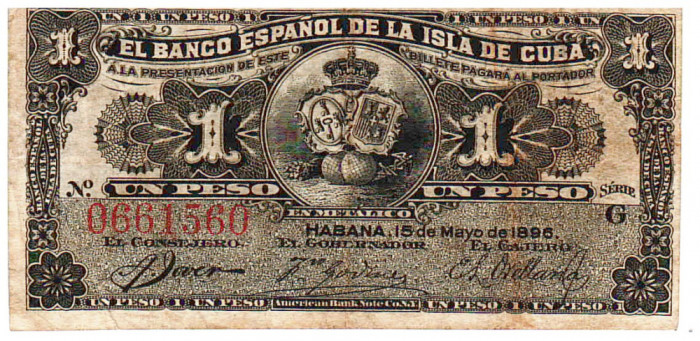 Cuba 1 Peso 1896 Seria 0661560