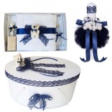 Set trusou botez, cutie trusou si lumanare, Ursulet, dantela bleumarin,