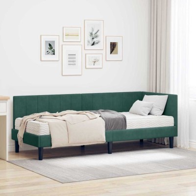 vidaXL Cadru de pat colțar cu saltea Verde &amp;icirc;nchis 80 x 200 cm Catifea 3393880 foto