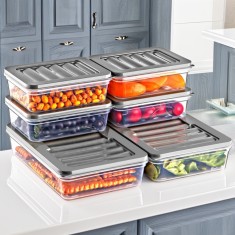 Set GinzaMaison Freshbox pentru pastrare si depozitare alimente, 6 Cutii cu capac (4X600 ml, 2X1200 ml), Alb Transparent, Capac Gri foto