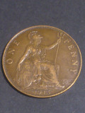 One 1 penny peny peni 1915 Anglia, stare EF+ (poze), Europa