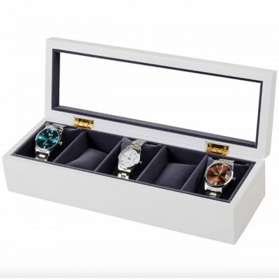 Cutie caseta eleganta din lemn pentru depozitare si organizare 5 ceasuri, model Pufo Gentle cu interior si pernute de catifea, alb foto