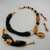 Set Bijuterii Aurit Amberia Agat Negru &amp; Chihlimbar Mexican, Argint 925, Colier, Bratara, Cercei - Made in Italy
