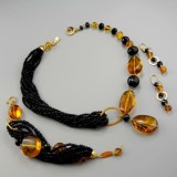 Cumpara ieftin Set Bijuterii Aurit Amberia Agat Negru &amp; Chihlimbar Mexican, Argint 925, Colier, Bratara, Cercei - Made in Italy