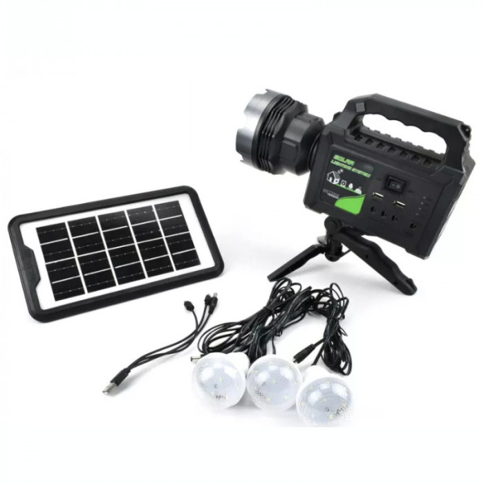 Kit solar de iluminat GDPlus GD-P70 cu 3 becuri, lanterna, trepied, panou solar