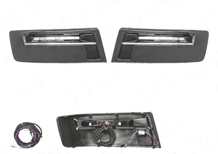 Set lumini de zi VW TRANSPORTER/MULTIVAN (T5), 10.2009-2015, Taiwan, partea stanga+dreapta, LED; janta neagra; cu grila; cu cabluri; cu unitate contr
