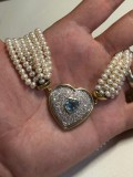 COLIER AUR 18K + 12 x 50 = 600 PERLE + 74 Diamante = 2.2CT + Aquamarin Inima = 3CT !