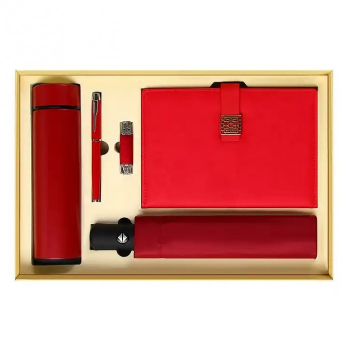 Set cadou 5 piese agenda, termos , umbrela, pix , USB drive, rosu