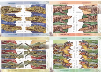 ROMANIA 2020 CROCODILI Set 4 Minicoli cu cate 6 timbre cu Tete-Beche LP.2307 MNH foto