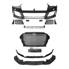 Set bara fata AUDI A3 (8V), 06.2012-07.2016, cu gauri spalator si 4 senzori parcare; grunduit, de vopsit; type RS3; cu grile, cu spoiler; cu suport n