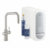 Baterie bucatarie Grohe Blue Home Duo cu dus extractibil pipa U sistem filtrare racire si carbonatare starter kit supersteel