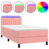 Cumpara ieftin Pat cu arcuri, saltea si LED, roz, 90x190 cm, catifea