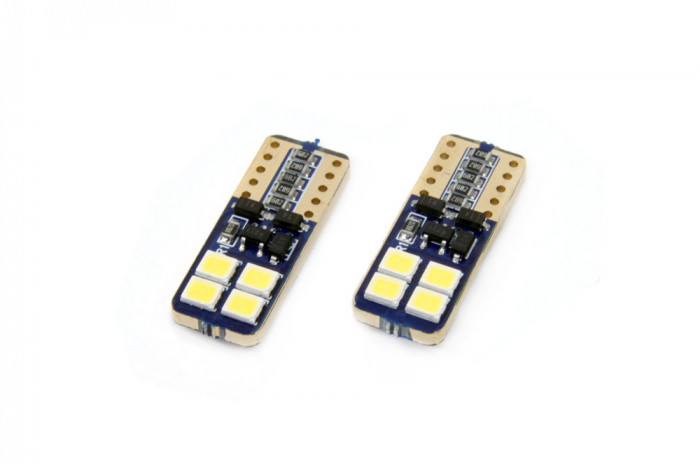 Bec de pozitie tip LED Canbus, T10 W2.1x9.5 W5W, 12-24V, 2W, 8 SMD 2835 , culoare alb , AMIO, set 2 buc