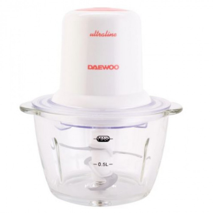 Tocator Daewoo UltraLine DCH50U, putere 400 W, capacitate 1 l, viteze 1, 4 lame inox , recipient din sticla, alb