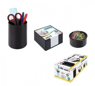 Set 3 accesorii pentru birou, suport pixuri, cub hartie, agrafe, negru, Ark foto