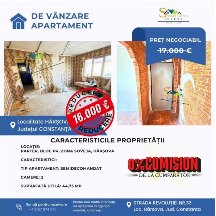 COMISION 0 DE LA CUMPARATOR! Apartament de v&acirc;nzare, parter &ndash; H&acirc;rșova
