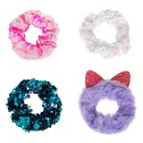 Set 4 Elastice de Păr Textile pentru Copii, Multicolore cu Paiete și Blăniță Lila cu Urechi, CMCLASS