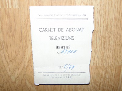 CARNET DE ABONAT TELEVIZIUNE 1975/77 foto
