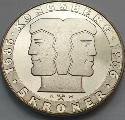 5 Kroner 1986 Norvegia, Olav V, unc, 300th Anniversary of the Mint, km#428 foto