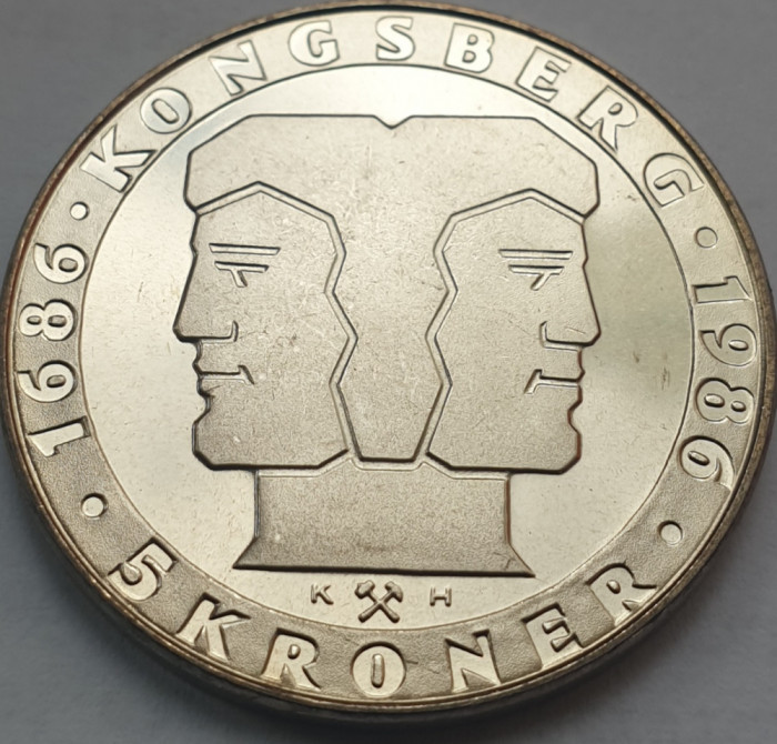 5 Kroner 1986 Norvegia, Olav V, unc, 300th Anniversary of the Mint, km#428