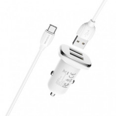 Incarcator Auto, BOROFONE BZ12, 2 x USB 2,4A + Cablu de incarcare USB Type-C, Alb Blister