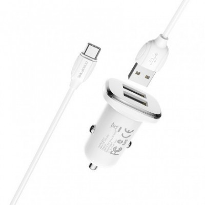 Incarcator Auto, BOROFONE BZ12, 2 x USB 2,4A + Cablu de incarcare USB Type-C, Alb Blister foto