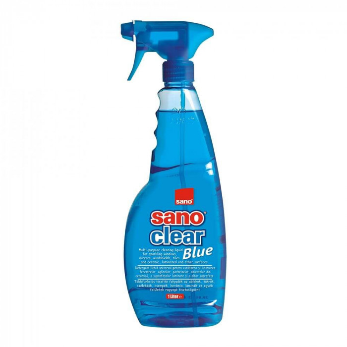 Detergent Geamuri SANO Clear Blue, 1 L, cu Pulvezirator, Detergent Lichid Universal pentru Curatarea Ferestrelor, Solutie pentru Geamuri si Suprafete