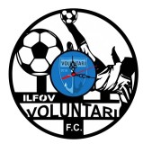 Ceas de perete decorativ realizat din disc de vinil, Model FC Voluntari, Fotbalist in Foarfeca si Mingi, Text Ilfov Voluntari F.C., Negru, 30 cm