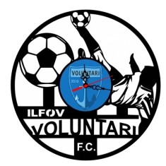 Ceas de perete decorativ realizat din disc de vinil, Model FC Voluntari, Fotbalist in Foarfeca si Mingi, Text Ilfov Voluntari F.C., Negru, 30 cm