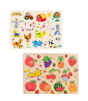 Set 2 Puzzle din lemn, fructe, animale si unelte din ferma, multicolor, 25 piese foto