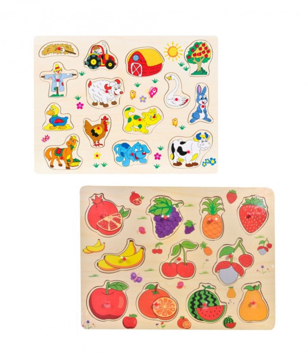 Set 2 Puzzle din lemn, fructe, animale si unelte din ferma, multicolor, 25 piese